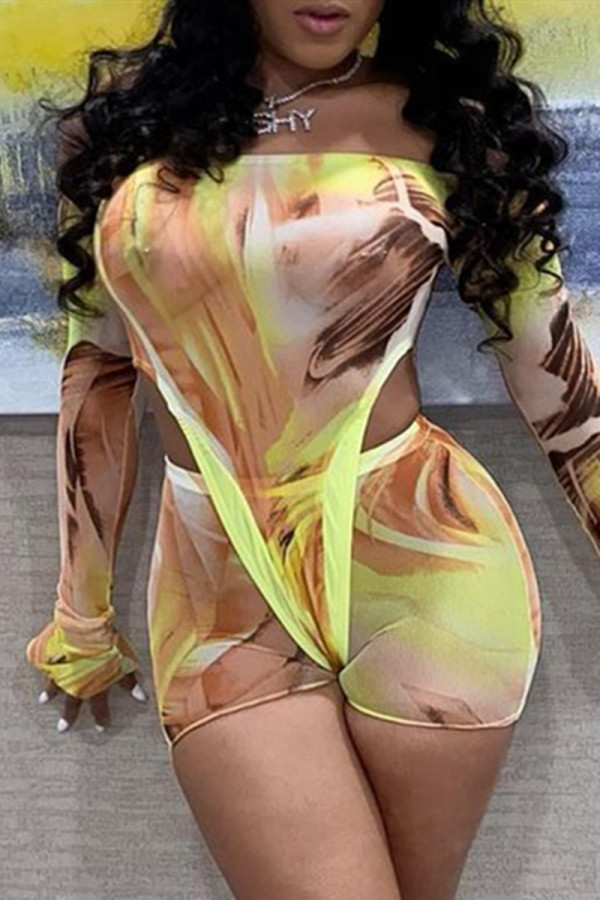 Yellow Fashion Sexy Print Hollowed Out Off the Shoulder Long Sleeve Two Pieces