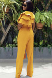 Yellow Solid zipper Patchwork Polyester Short Sleeve O Neck Jumpsuits