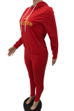 Red Sportswear Letter Print Patchwork Hooded Collar Long Sleeve Two Pieces