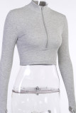 Grey Sexy Solid Split Joint O Neck Mid Waist Tops