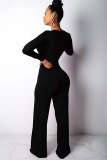 Black Elastic Fly Long Sleeve Mid Solid Patchwork Skinny Pants Jumpsuits & Rompers