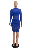 Blue Sexy Solid See-through Mesh Half A Turtleneck Pencil Skirt Dresses