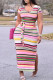 Rainbow Color Fashion Striped Print Patchwork Slit With Belt O Neck Dresses