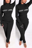 Black Casual Solid Embroidered O Neck Long Sleeve Two Pieces