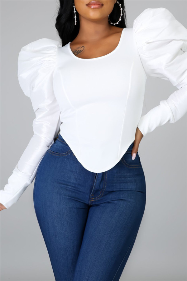 White Fashion Casual Solid Patchwork O Neck Tops