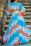 Blue Milk. Fashion adult Ma'am OL Cap Sleeve 3/4 Length Sleeves V Neck Swagger Floor-Length Print Dresses