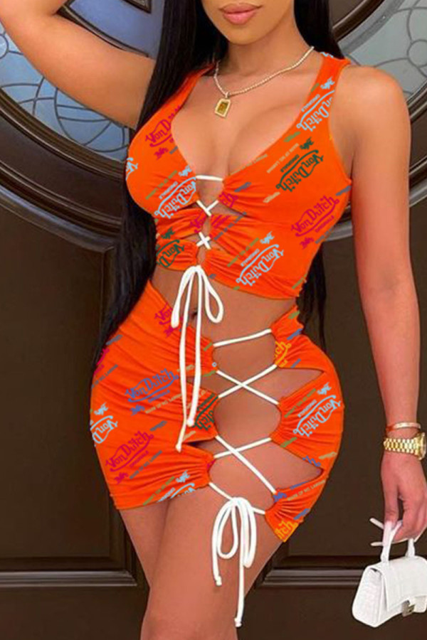 Orange Letter Print Bandage Patchwork Spaghetti Strap Sleeveless Two Pieces