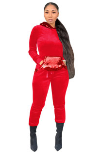 Red Polyester Elastic Fly Long Sleeve Mid Sequin Patchwork pencil Pants