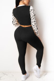 Black Fashion Casual Polyester Pit Article Fabrics Patchwork Animal Print Leopard Split Joint Pullovers Pants Basic O Neck Long Sleeve Regular Sleeve Short Two Pieces