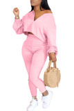 Pink Fashion Patchwork Solid Asymmetrical V Neck Long Sleeve Two Pieces