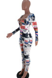 multicolor Fashion Sweet Adult Polyester Print Hollowed Out V Neck Skinny Jumpsuits