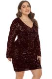Dark green Blends adult Fashion Sexy V Neck Sequin Patchwork Embroidery Solid Stitching Plus Size Dress