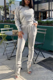 Grey Fashion Casual Solid Basic O Neck Long Sleeve Two Pieces