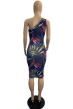 Multi-color Fashion Sexy Print Hollowed Out Oblique Collar Sleeveless Dress