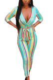 Green Work Daily Print V Neck Skinny Jumpsuits