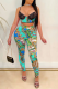 Blue Print Patchwork Spaghetti Strap Sleeveless Two Pieces