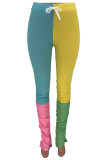 Pink Polyester Drawstring Mid Patchwork Boot Cut Pants Bottoms