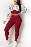 Red Fashion Casual Polyester Pit Article Fabrics Patchwork Animal Print Leopard Split Joint Pullovers Pants Basic O Neck Long Sleeve Regular Sleeve Short Two Pieces