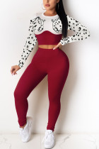 Red Fashion Casual Polyester Pit Article Fabrics Patchwork Animal Print Leopard Split Joint Pullovers Pants Basic O Neck Long Sleeve Regular Sleeve Short Two Pieces