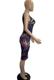 Multi-color Fashion Sexy Print Hollowed Out Oblique Collar Sleeveless Dress