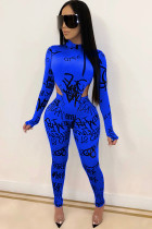 Blue Milk Silk Sexy Print Two Piece Suits pencil Long Sleeve