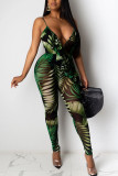 Dark green Fashion Casual Print Mesh Network Sleeveless V Neck Jumpsuits