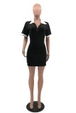 Black Sexy Casual Solid Basic Turndown Collar Short Sleeve Dress