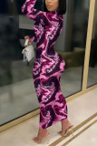 Rose Red Sexy Print Mandarin Collar Pencil Skirt Dresses