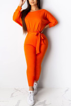 Orange Casual Polyester Twilled Satin Solid Frenulum With Belt Boat Neck Straight Jumpsuits