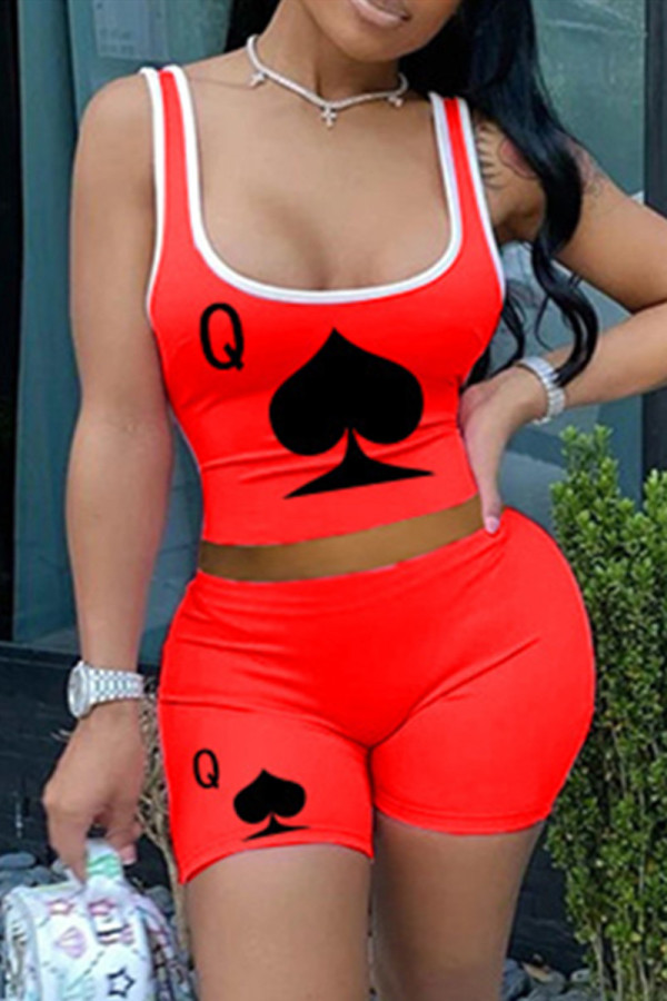 Red Sexy Casual Print Basic U Neck Sleeveless Two Pieces