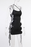 Black Sexy Print Hollowed Out Spaghetti Strap Pencil Skirt Dresses