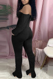 Blue Fashion Sexy Adult Polyester Solid Split Joint Bateau Neck Skinny Jumpsuits