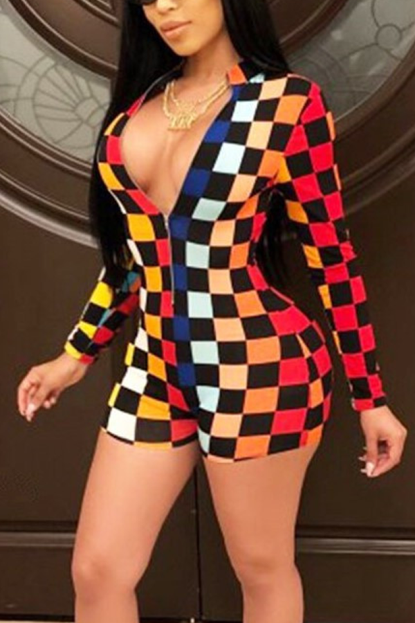 Multicolor Sexy Plaid Patchwork V Neck Skinny Jumpsuits