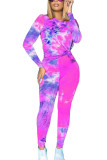 rose red Sexy Tie Dye Tie-dye O Neck Long Sleeve Regular Sleeve Two Pieces