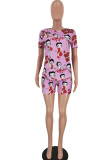 Pink Polyester Fashion Sexy adult Ma'am Letter Patchwork Print Character Two Piece Suits pencil Short Sleeve Two Pieces