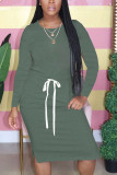 Light Green Fashion Casual Adult Polyester Solid Split Joint Draw String O Neck Long Sleeve Knee Length T-shirt Dress Dresses