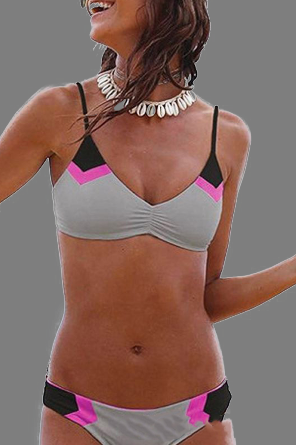 Grey Sexy Color Block Patchwork Swimwears