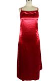 Red Polyester Sexy Fashion Spaghetti Strap Sleeveless Slip Asymmetrical Mid-Calf split Sequin Draped Sol