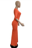 Orange Fashion Sexy Solid Hollowed Out O Neck Short Sleeve Dress