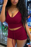 Burgundy Sexy Solid Split Joint Spaghetti Strap Sleeveless Two Pieces
