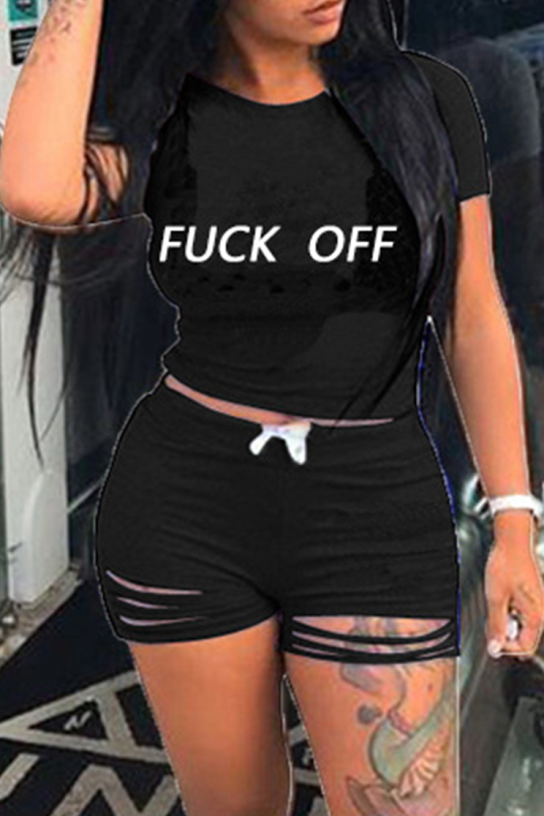 Black Casual Print Ripped Patchwork O Neck Short Sleeve Two Pieces