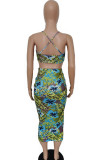 Green Polyester Fashion adult Ma'am Lightly cooked Floral Print Two Piece Suits pencil Sleeveless Two Pieces
