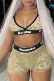 Grey Fashion Sexy Patchwork Hollowed Out See-through Backless Spaghetti Strap Sleeveless Two Pieces