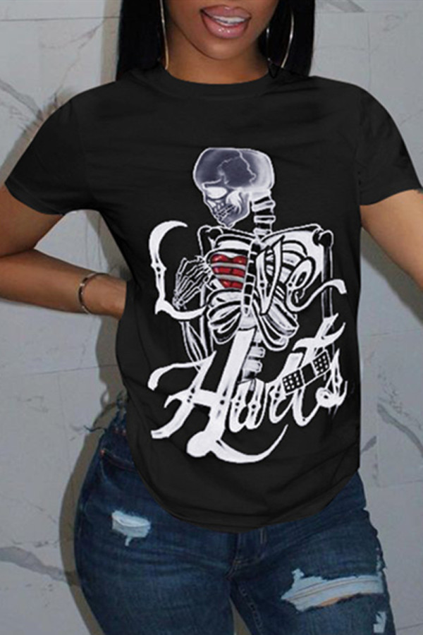 Black Fashion Casual Print Basic O Neck T-Shirts