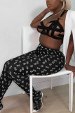 Black Fashion Casual Print Basic Skinny Mid Waist Trousers