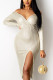 Cream White Sexy Solid Patchwork V Neck Wrapped Skirt Dresses