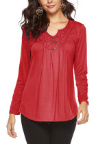 Red Asymmetrical Collar Long Sleeve lace Solid Long Sleeve Tops