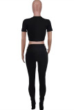Black Fashion Sexy Print Hollowed Out O Neck Short Sleeve Two Pieces