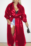 Red Fashion Adult Faux Leather Solid Split Joint Turndown Collar Outerwear