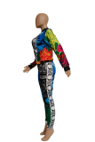 Black Casual Print Patchwork Zipper Collar Long Sleeve Two Pieces